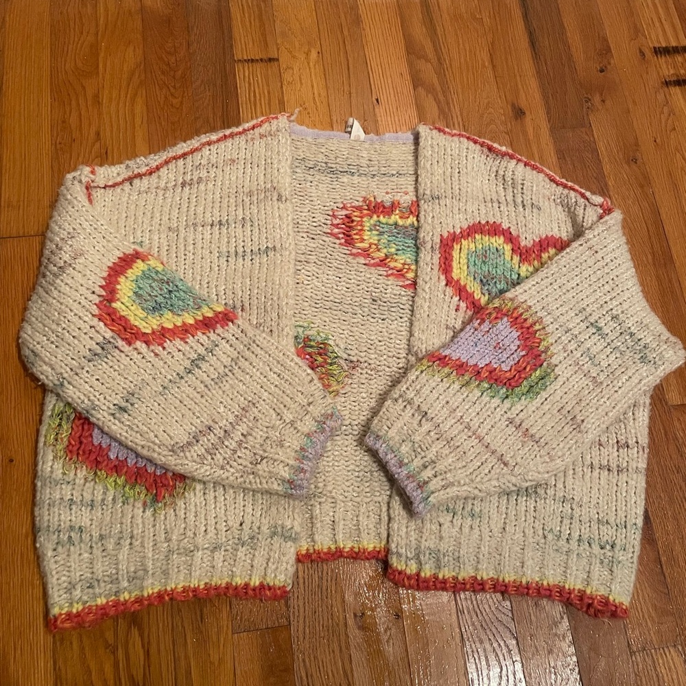 Anthropologie Cream Cardigan with Multicolor Heart Accents